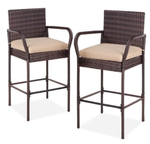 Set of 2 Indoor Outdoor Wicker Bar Stools w/ Cushion, Footrests, Armrests, Brown