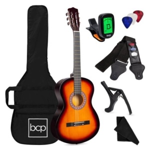 Beginner Acoustic Guitar Set w/ Case, Strap, Digital Tuner, Strings - 38in, Sunburst