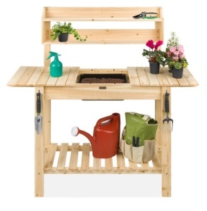 Wood Garden Potting Bench w/ Sliding Tabletop, Food Grade Dry Sink