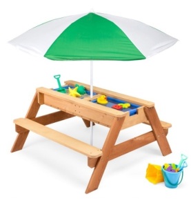 3-in-1 Kids Sand & Water Table Outdoor Wood Picnic Table w/ Umbrella, Green