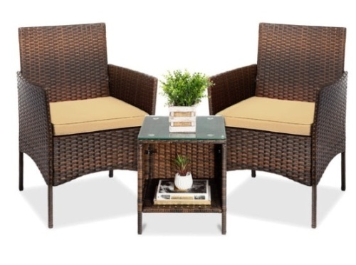 3-Piece Outdoor Patio Wicker Bistro Set w/ Side Storage Table, Brown/Tan