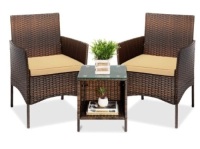 3-Piece Outdoor Patio Wicker Bistro Set w/ Side Storage Table, Brown/Tan