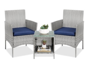 3-Piece Outdoor Patio Wicker Bistro Set w/ Side Storage Table, Gray/Navy