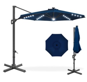 360-Degree Solar LED Cantilever Offset Patio Umbrella w/ Tilt - 10ft, Navy Blue