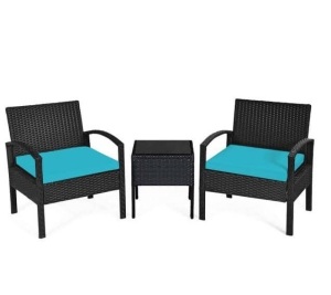 3-Piece Plastic Wicker Patio Conversation Set with CushionGuard Turquoise Cushions, Appears New, Retail $242.84