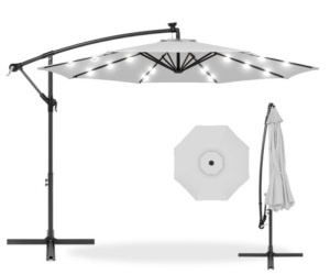 Solar LED Offset Hanging Patio Umbrella w/ Crank Tilt Adjustment - 10ft, Fog Gray