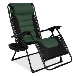 Oversized Padded Zero Gravity Chair, Folding Recliner w/ Headrest, Side Tray, Forest Green