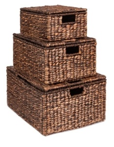 Set of 3 Large Hyacinth Storage Baskets w/ Handles, Lid - 21", 20", 18"