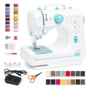 6V Portable Foot Pedal Sewing Machine w/ 12 Stitch Patterns, Teal/White 