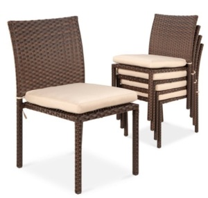 Set of 4 Stackable Outdoor Patio Wicker Chairs w/ Cushions, UV-Resistance, Brown/Cream