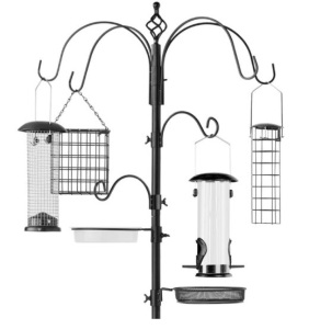 Bird Feeding Station, 6-Hook Steel Multi-Feeder Stand w/ 4 Feeders - 89in, Black