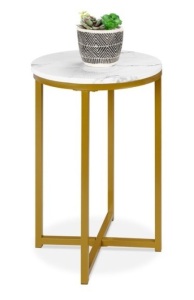 Round Coffee Side Table w/ Faux Marble Top, Metal Frame - 16in, White/Bronze Gold