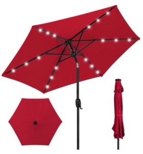 Outdoor Solar Patio Umbrella w/ Push Button Tilt, Crank Lift - 7.5ft, Red