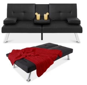 Faux Leather Upholstered Convertible Sofa Bed Futon w/ 2 Cupholders, Black