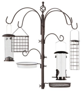 Bird Feeding Station, 6-Hook Steel Multi-Feeder Stand w/ 4 Feeders - 89in, Bronze