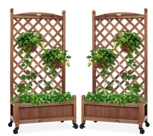 Set of 2 Wood Planter Box & Lattice Trellis w/ Optional Wheels - 48in