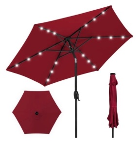 Outdoor Solar Patio Umbrella w/ Push Button Tilt, Crank Lift - 7.5ft, Burgundy