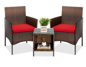 3-Piece Outdoor Patio Wicker Bistro Set w/ Side Storage Table, Brown/Red