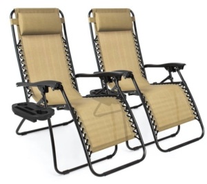 Set of 2 Adjustable Zero Gravity Patio Chair Recliners w/ Cup Holders, Beige