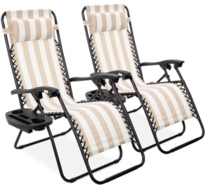 Set of 2 Adjustable Zero Gravity Patio Chair Recliners w/ Cup Holders, Tan Striped