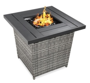 28in Fire Pit Table 50,000 BTU Wicker Propane w/ Faux Wood Tabletop, Cover, Gray