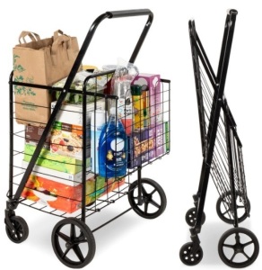 Folding Steel Grocery Cart w/ Double Basket, Swivel Wheels, 220lb Cap