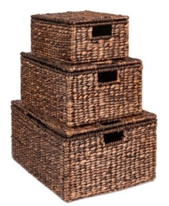 Set of 3 Large Hyacinth Storage Baskets w/ Handles, Lid - 21", 20", 18", Espresso