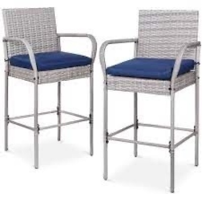 Set of 2 Indoor Outdoor Wicker Bar Stools w/ Cushion, Footrests, Armrests