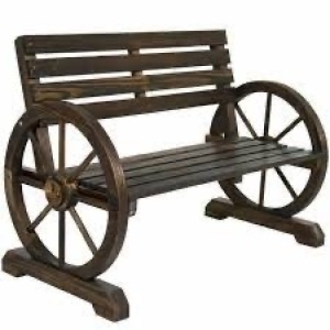 2-Person Rustic Wooden Wagon Wheel Bench w/ Slatted Seat and Backrest