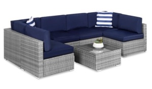 7-Piece Modular Wicker Sectional Conversation Set w/ 2 Pillows, Cover, Gray/Navy