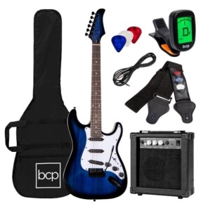 Beginner Electric Guitar Kit w/ Case, 10W Amp, Tremolo Bar - 39in, Hollywood Blue