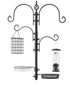 4-Hook Bird Feeding Station, Steel Feeder Stand w/ 2 Bird Feeders - 91in, Black