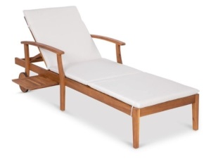 Adjustable Acacia Wood Chaise Lounge Chair w/ Side Table, Wheels - 79x26in, Cream