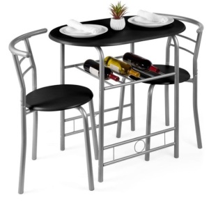 3-Piece Wooden Table & Chairs Dining Set w/ Lower Storage Shelf, Black/Silver