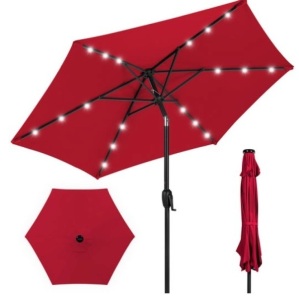 Outdoor Solar Patio Umbrella w/ Push Button Tilt, Crank Lift - 7.5ft, Red