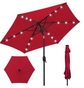 Outdoor Solar Patio Umbrella w/ Push Button Tilt, Crank Lift - 7.5ft, Red