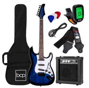 Beginner Electric Guitar Kit w/ Case, 10W Amp, Tremolo Bar - 39in, Hollywood Blue