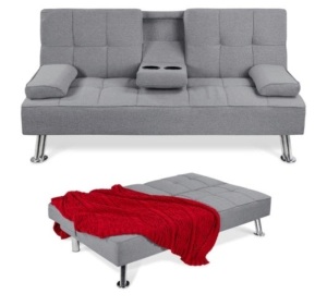 Linen Upholstered Convertible Sofa Bed Futon w/ 2 Cupholders, Gray