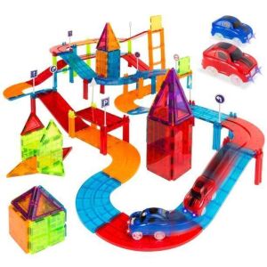 105-Piece Kids Magnetic Building Tiles Set, Racetrack Construction Education STEM Toy w/ 2 Cars