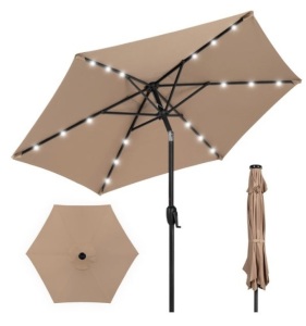 Outdoor Solar Patio Umbrella w/ Push Button Tilt, Crank Lift - 7.5ft, Tan