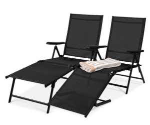 Set of 2 Outdoor Patio Chaise Recliner Lounge Chairs w/ Rust-Resistant Frame, Black