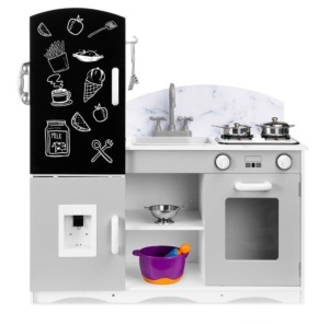 Kids Pretend Play Kitchen Cook Toy Set w/ Chalkboard, Sounds, Accessories, Gray