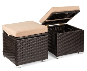 Set of 2 Wicker Ottomans, Multipurpose w/ Removable Cushions, Steel Frame, Brown/Beige