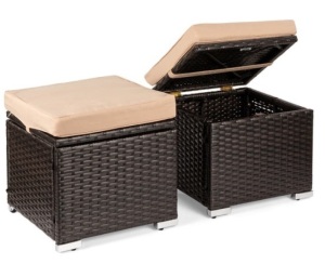 Set of 2 Wicker Ottomans, Multipurpose w/ Removable Cushions, Steel Frame, Brown/Beige