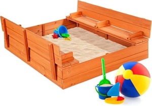 Best Choice Products 47×47in Kids Large WoodenSandbox for Backyard, Outdoor Play w/ Cedar Wood, 2Foldable Bench Seats, Sand Protection, Bottom LinerBrown, Like New, Retail - $119.99