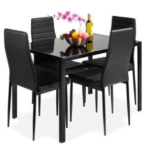 5-Piece Dining Table Set w/ Glass Top, Leather Chairs