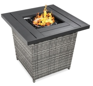 28in Fire Pit Table 50,000 BTU Wicker Propane w/ Faux Wood Tabletop, Cover, Gray