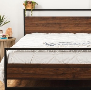 Metal Wood Platform Queen Bed Frame w/ Wooden Slats