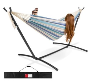 2-Person Brazilian-Style Double Hammock w/ Carrying Bag and Steel Stand, Ocean