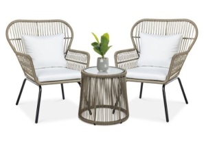 3-Piece Patio Wicker Conversation Bistro Set w/ 2 Chairs, Glass Top Table, Tan